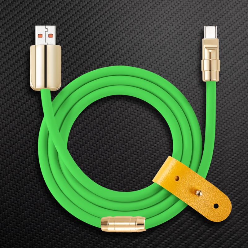 Green USB-A to USB-C charging cable with gold connectors and leather strap