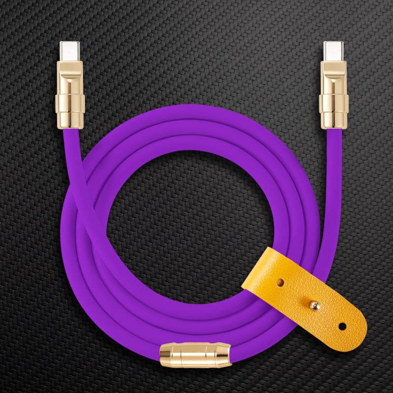 Purple USB-C to USB-C charging cable with gold connectors and leather strap