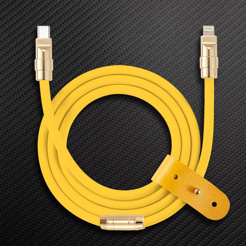 Yellow USB-C to Lightning cable with gold connectors and yellow leather strap