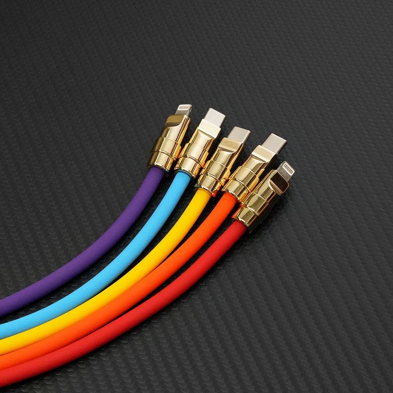 Assorted colorful thick charging cables with gold plated tips.