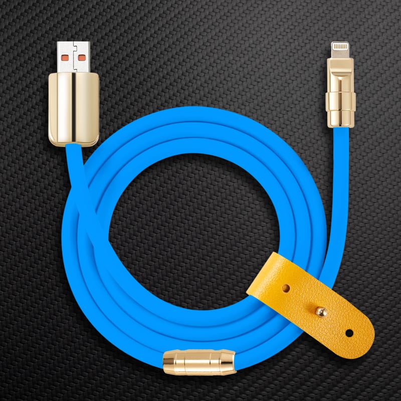 Blue heavy duty silicone USB cable with gold hardware.