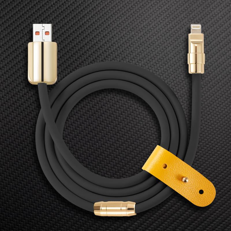 Black silicone fast charger cable with premium gold accents.