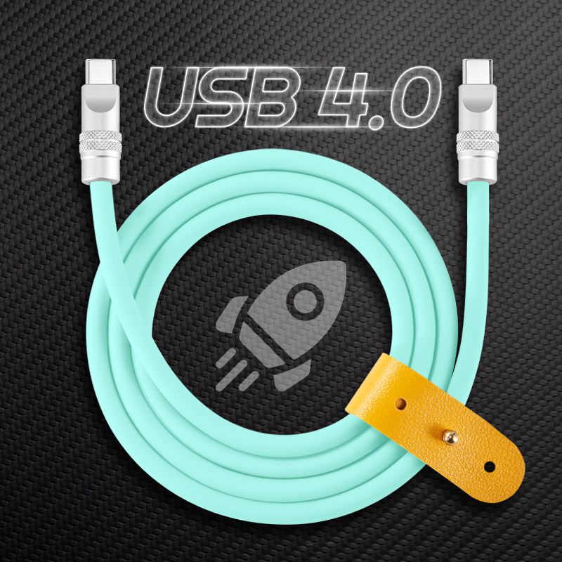 Mint green USB 4.0 Type-C fast charging cable with yellow leather organizer strap.