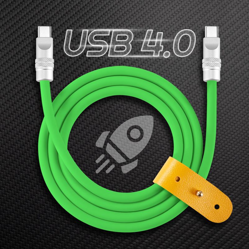 Green USB 4.0 Type-C cable coiled with leather strap