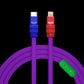 Purple silicone USB-C to Lightning cable with blue and red connectors.