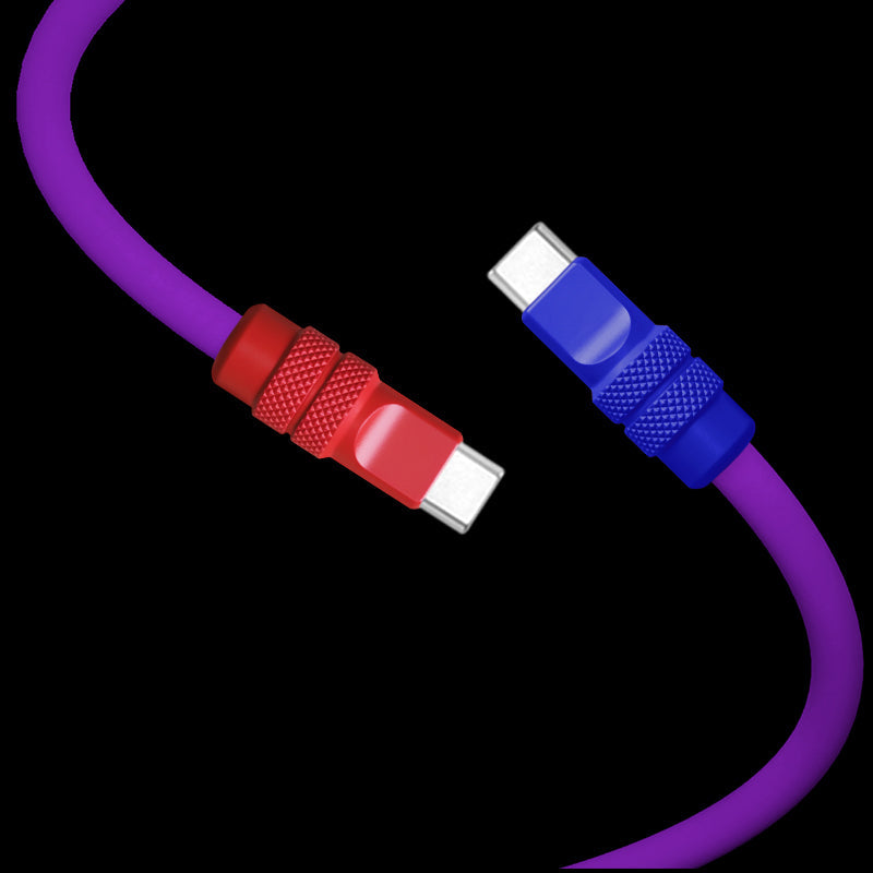 Close-up of purple silicone cable showing red and blue knurled metal USB-C tips.