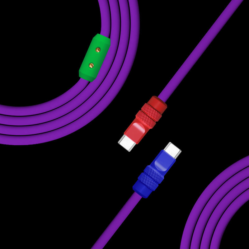 Dynamic view of purple silicone USB-C cable with colorful metal connectors.