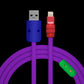 Purple silicone USB-A to Lightning charging data cable with blue and red ends.