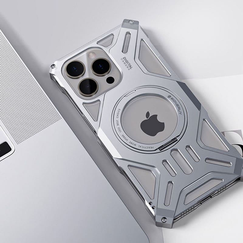 Close up of silver phone case with ring holder