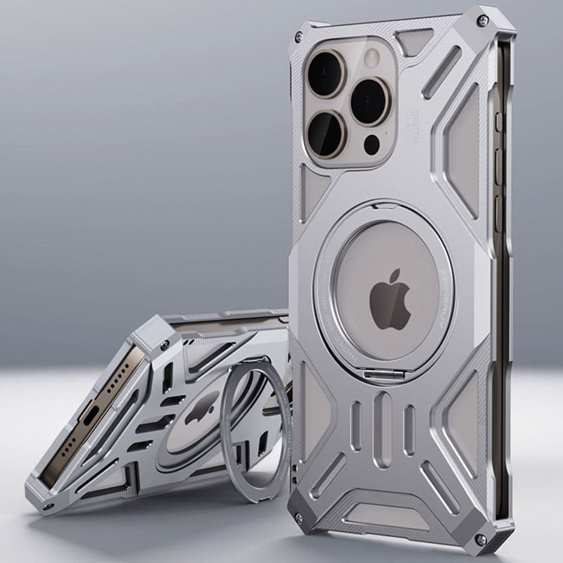 Silver skeleton-style phone case with kickstand