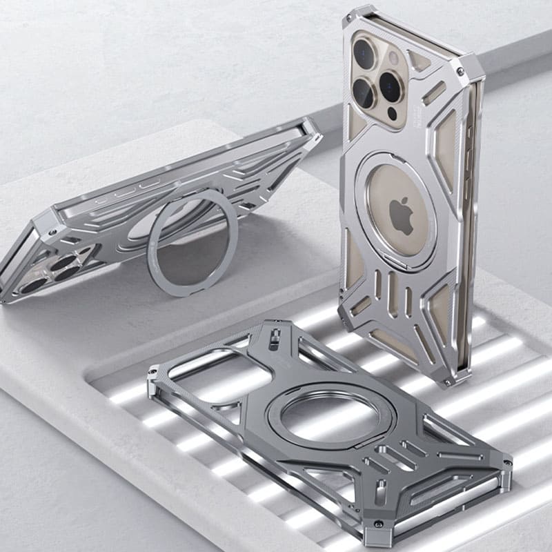 Multiple silver metal phone cases on display
