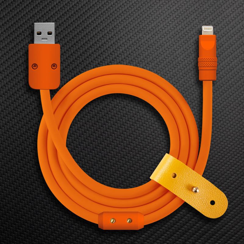 Orange USB-A to Lightning phone charging cable with leather strap