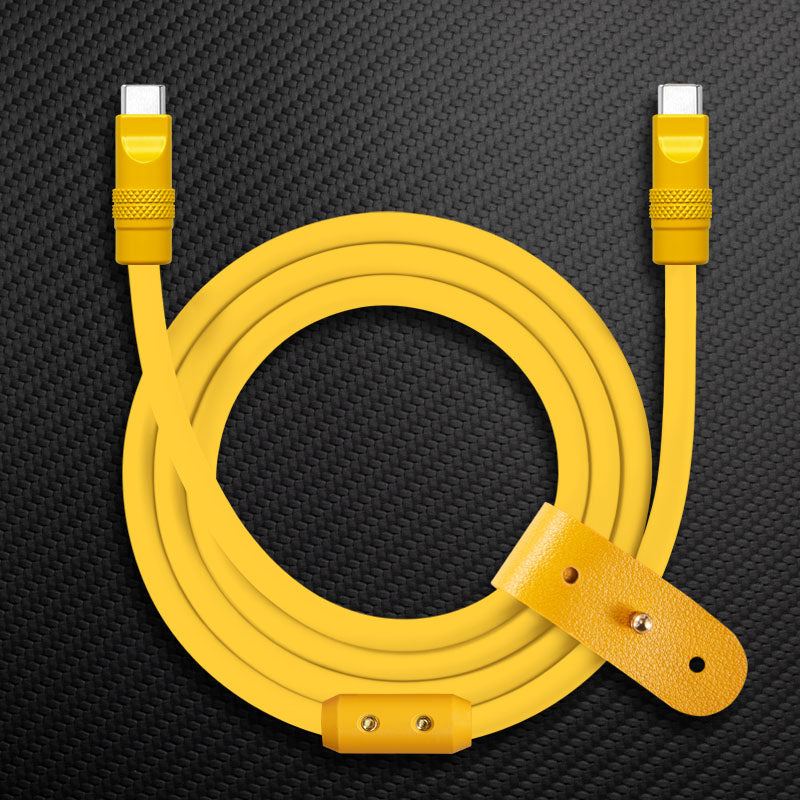 Yellow USB-C to USB-C charging cable with leather strap