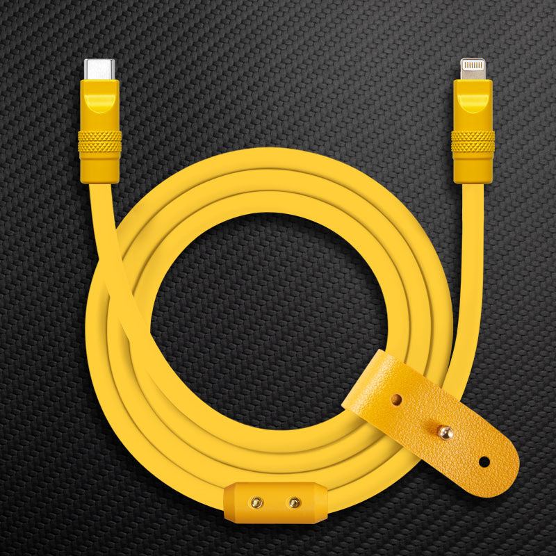 Yellow USB-C to Lightning charging cable with leather strap