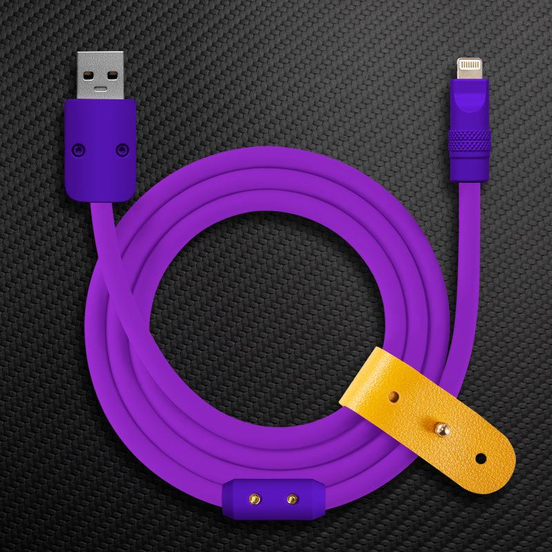 Purple USB-A to Lightning cable with yellow leather strap