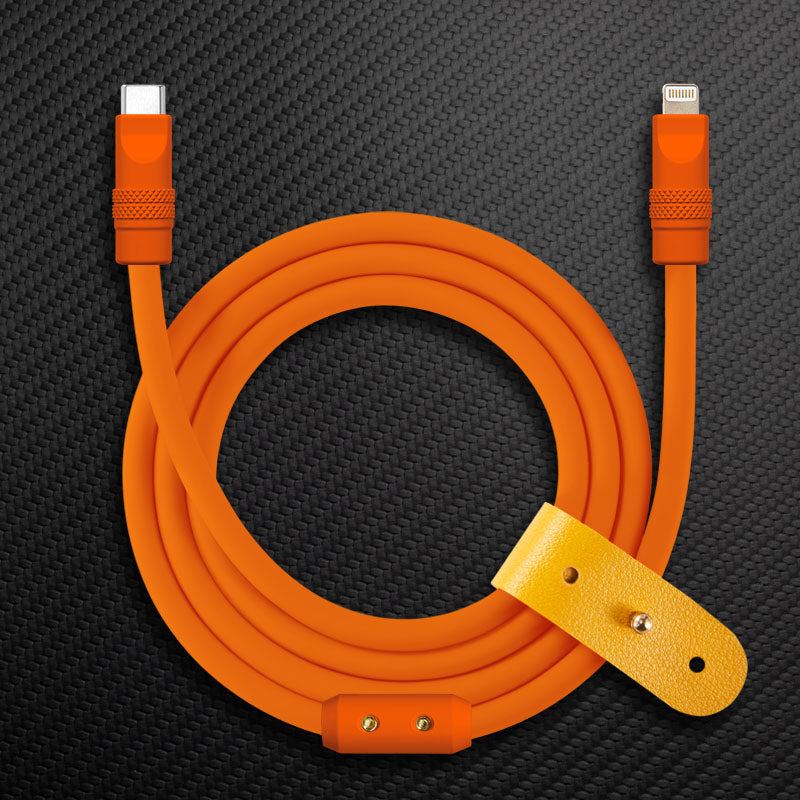 Orange USB-C to Lightning power delivery cable with leather wrap