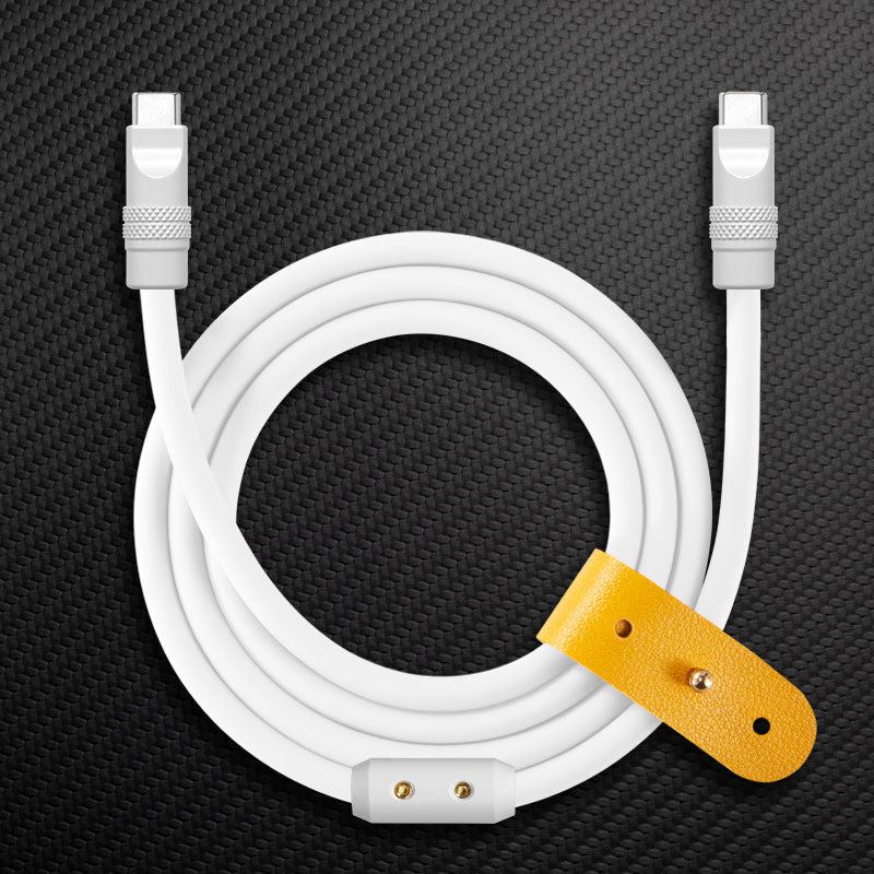 White USB-C to USB-C charging cable with leather strap
