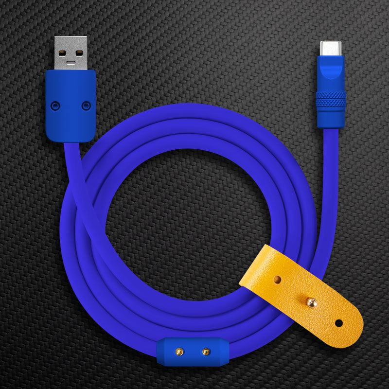 Blue USB-A to USB-C durable charging cable with yellow leather strap