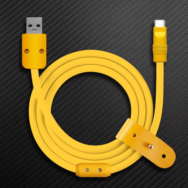 Yellow USB-A to USB-C charging cable with leather strap