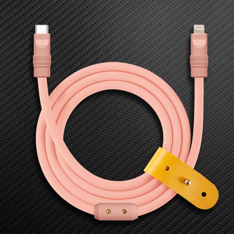 Pink USB-C to Lightning fast charging cable with yellow leather strap