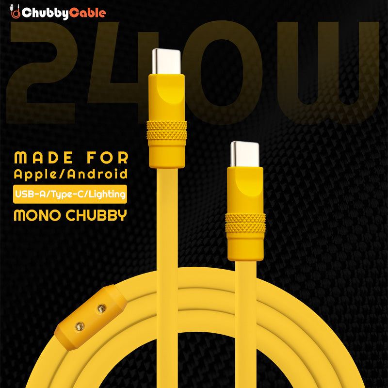 Mono Chubby 240W fast charging cable banner for Apple and Android devices.