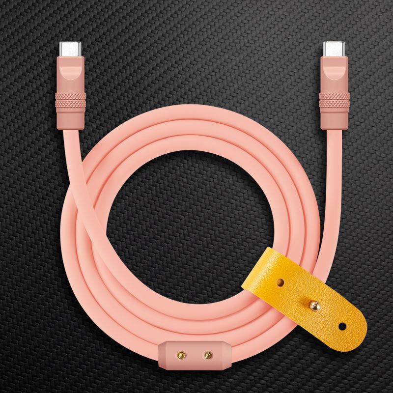 Pink USB-C to USB-C data cable with yellow strap
