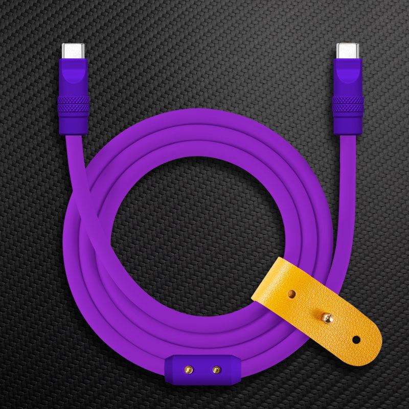 Purple USB-C to USB-C cable with yellow leather strap
