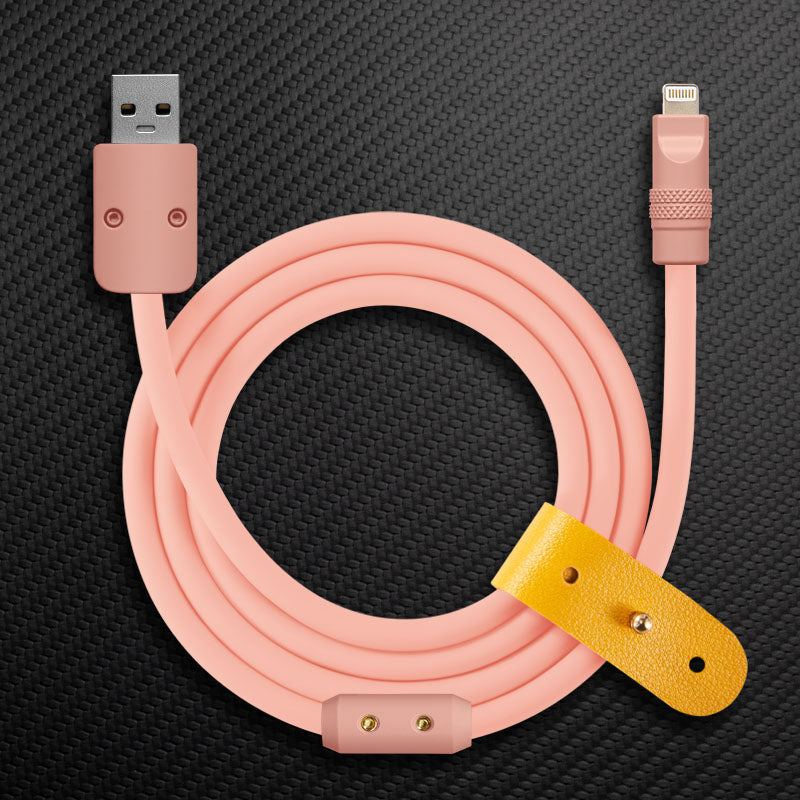 Pink USB-A to Lightning cable with yellow leather strap