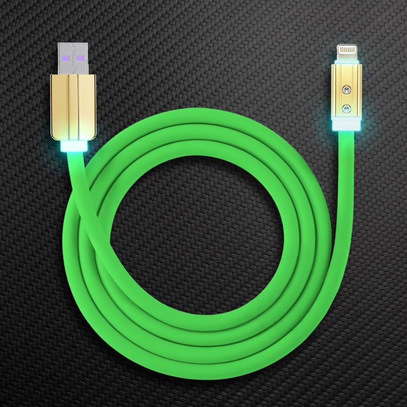 Green flexible USB to Lightning cable with gold-plated glowing LED housing.