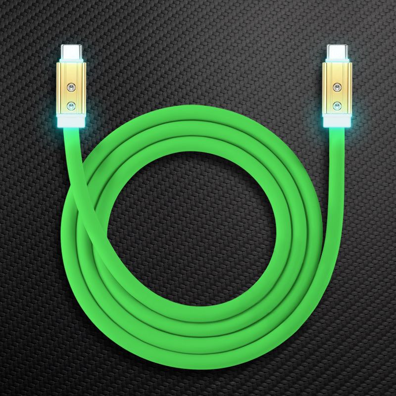 Green heavy duty USB-C to USB-C fast charging cable with LED light indicator.