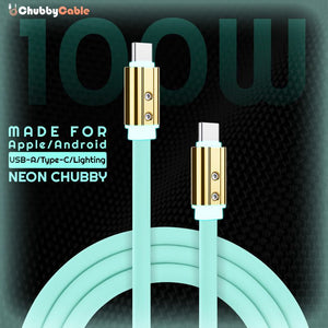 Mint green 100W Neon Chubby fast charging cable for Apple and Android.