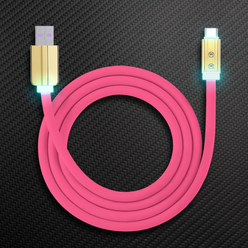 Mint green Type-C to Type-C braided-style cable with glowing gold connectors.