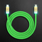 Green durable USB-C to Lightning cable with glowing LED tips on carbon background.