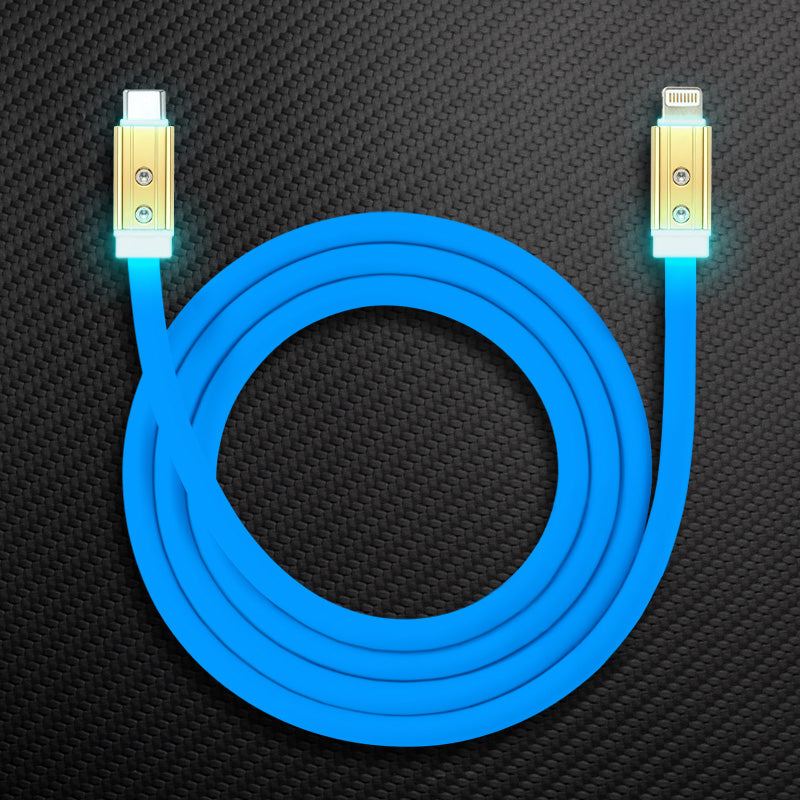 Blue rugged USB-C to Lightning charging cable with luminous LED tips.
