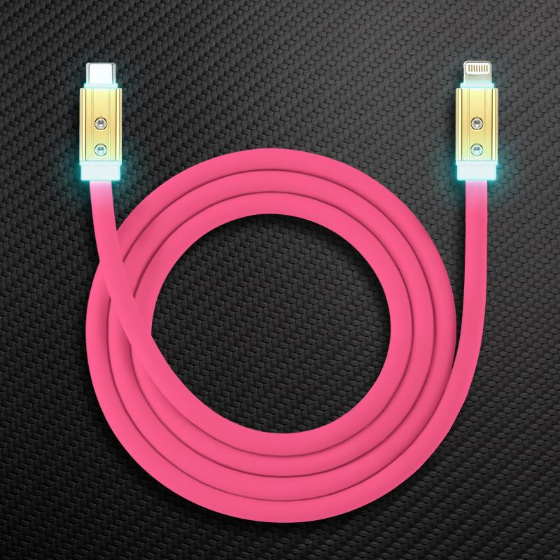 Pink Type-C to Lightning charging cable with glowing LED gold connectors.