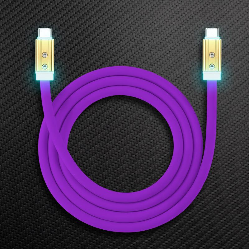 Purple Type-C to Type-C fast charging cable with illuminated gold metal heads.