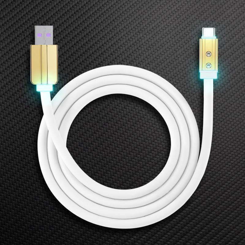 White USB-A to Type-C heavy duty charger cable with glowing gold connectors.
