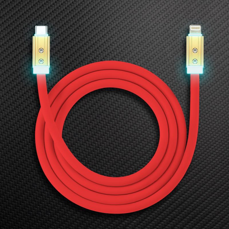 Red USB-C to Lightning glowing iPhone charging cable