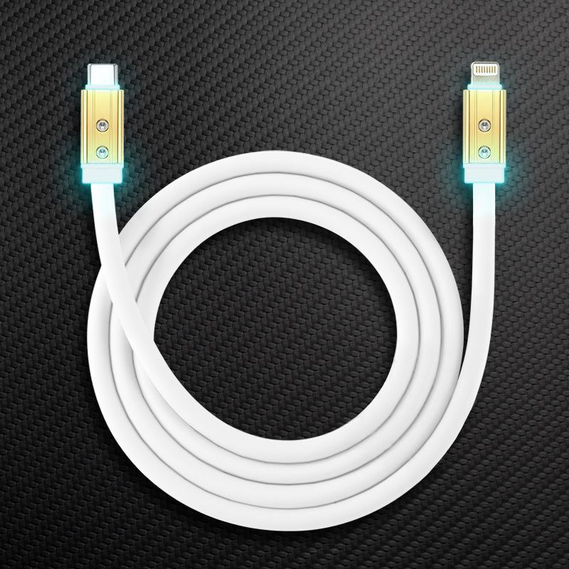 White Type-C to Lightning heavy duty charger cable with glowing gold connectors.