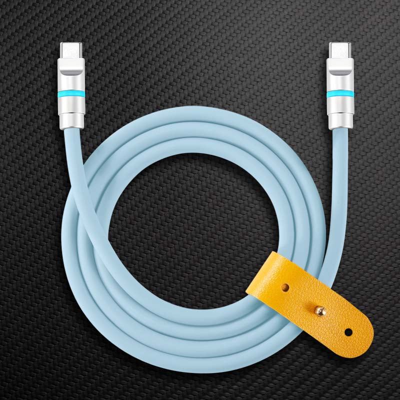 Light blue silicone fast charging cable with yellow leather cable tie