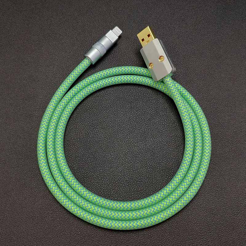 Braided green and blue USB-A to Lightning charging cable