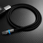 Black silicone USB-C fast charging cable with glowing blue connector