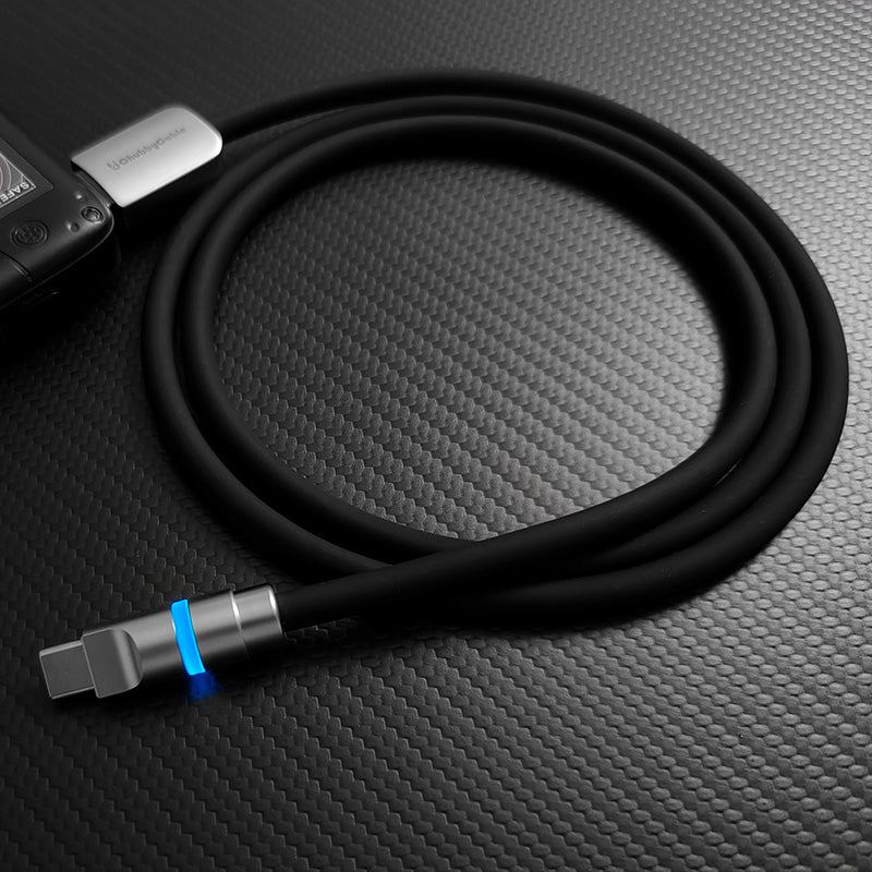 Black silicone USB-C fast charging cable with glowing blue connector