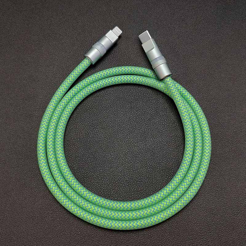 Braided green and blue Lightning to USB-C charging cable