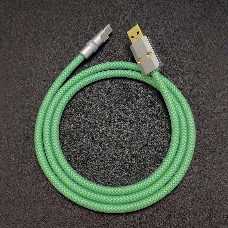 Braided green and blue USB-A to USB-C charging cable