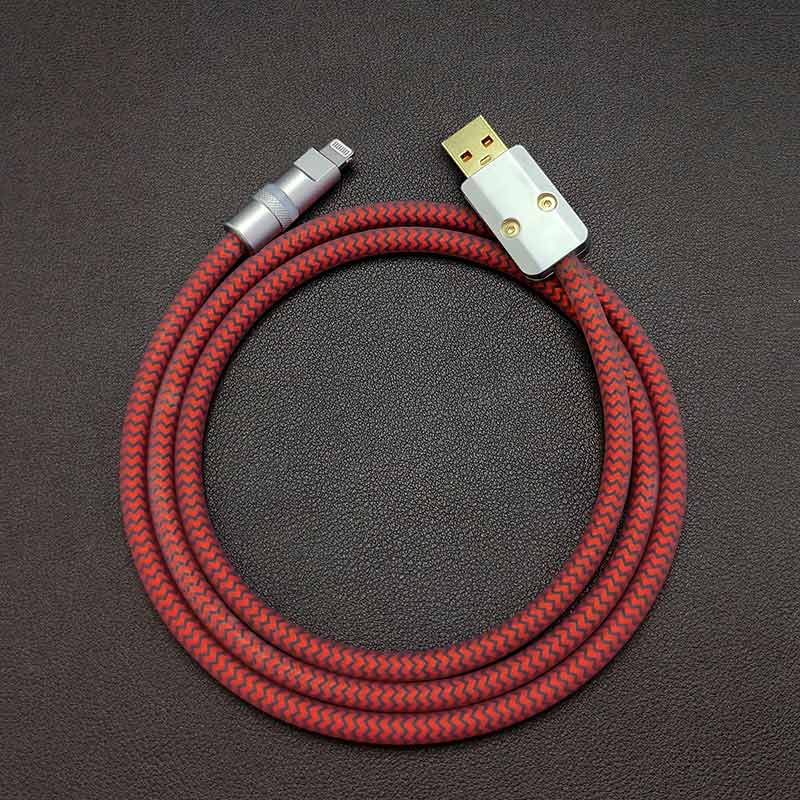 Braided red and black USB-A to Lightning charging cable