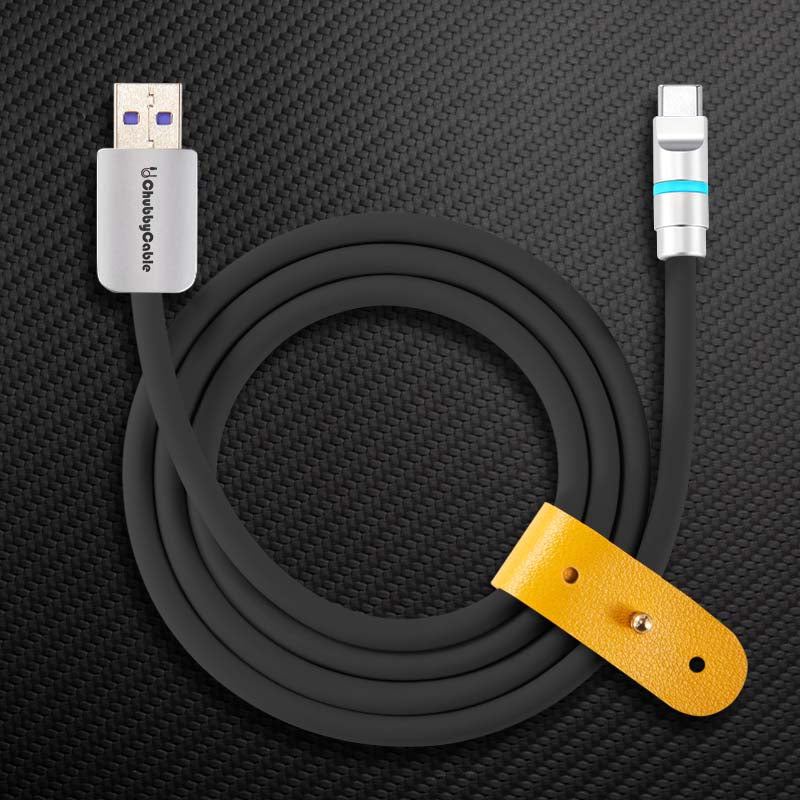 Black USB-A to Type-C fast charging cable with leather strap