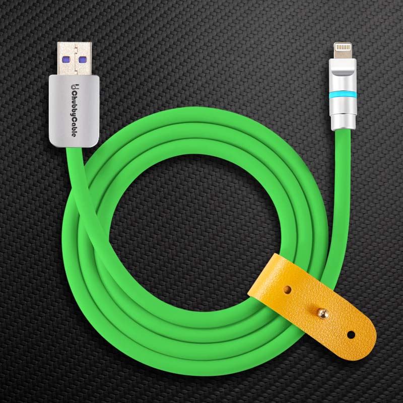 Green USB-A to Lightning cable with leather tie