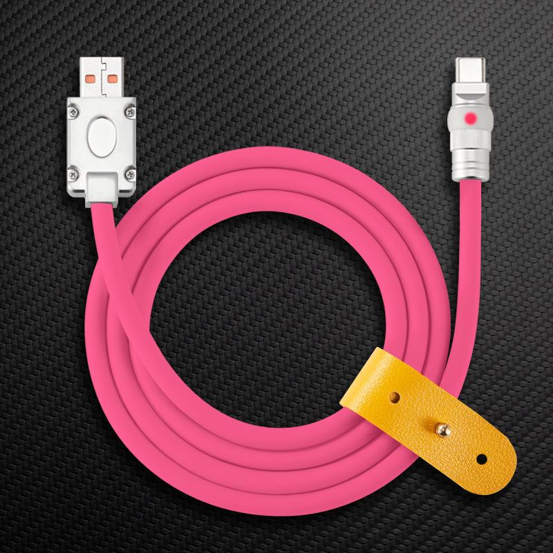 Pink USB to Type-C charging cable with leather organizer strap