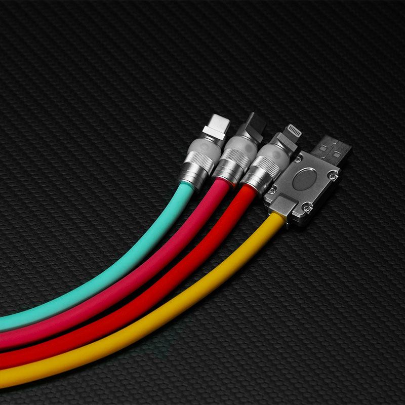 Variety of colorful silicone USB-C and Lightning cables close up